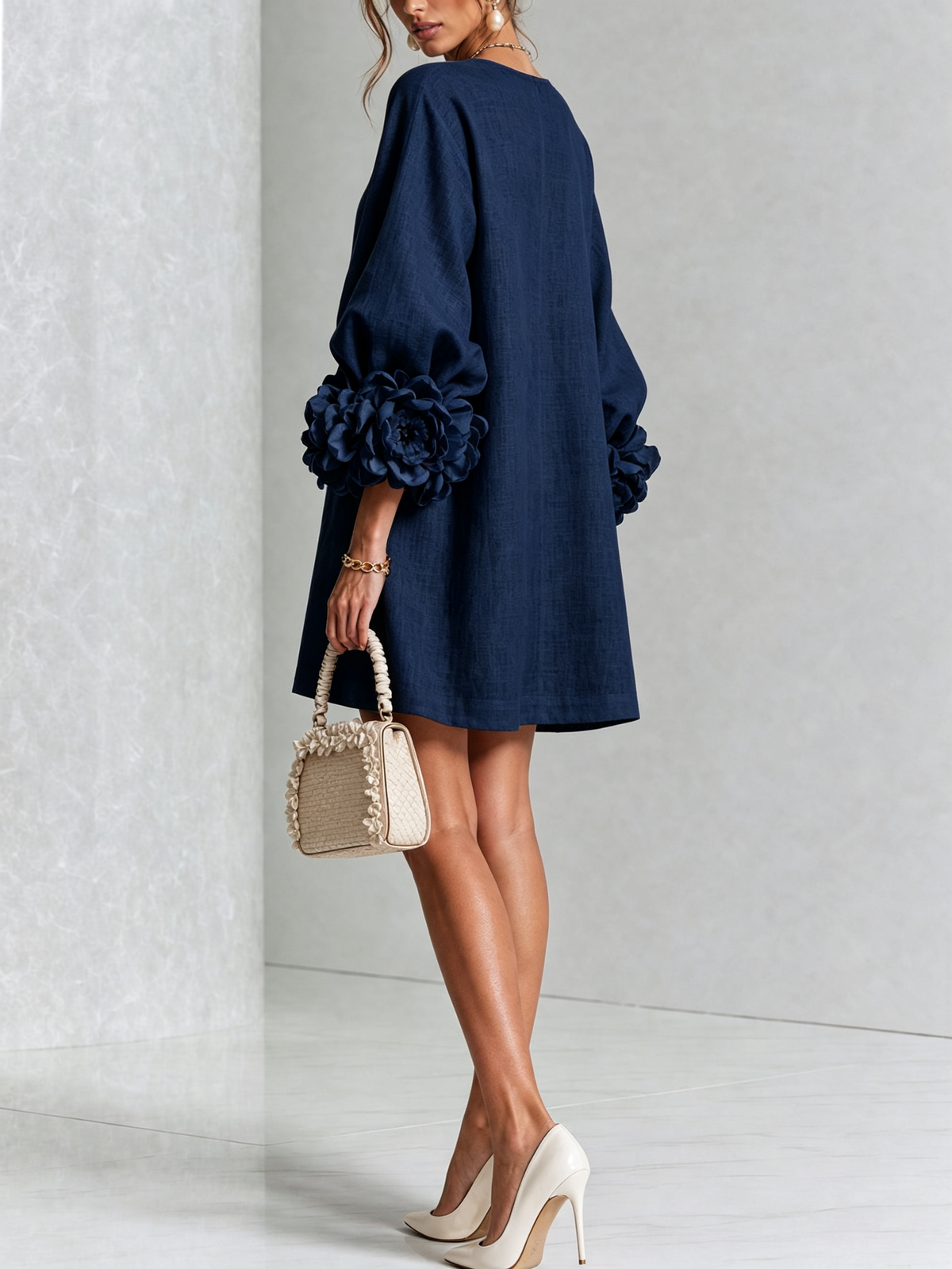 Tweed Button Front 3D Floral Balloon Sleeve Mini Dress 15