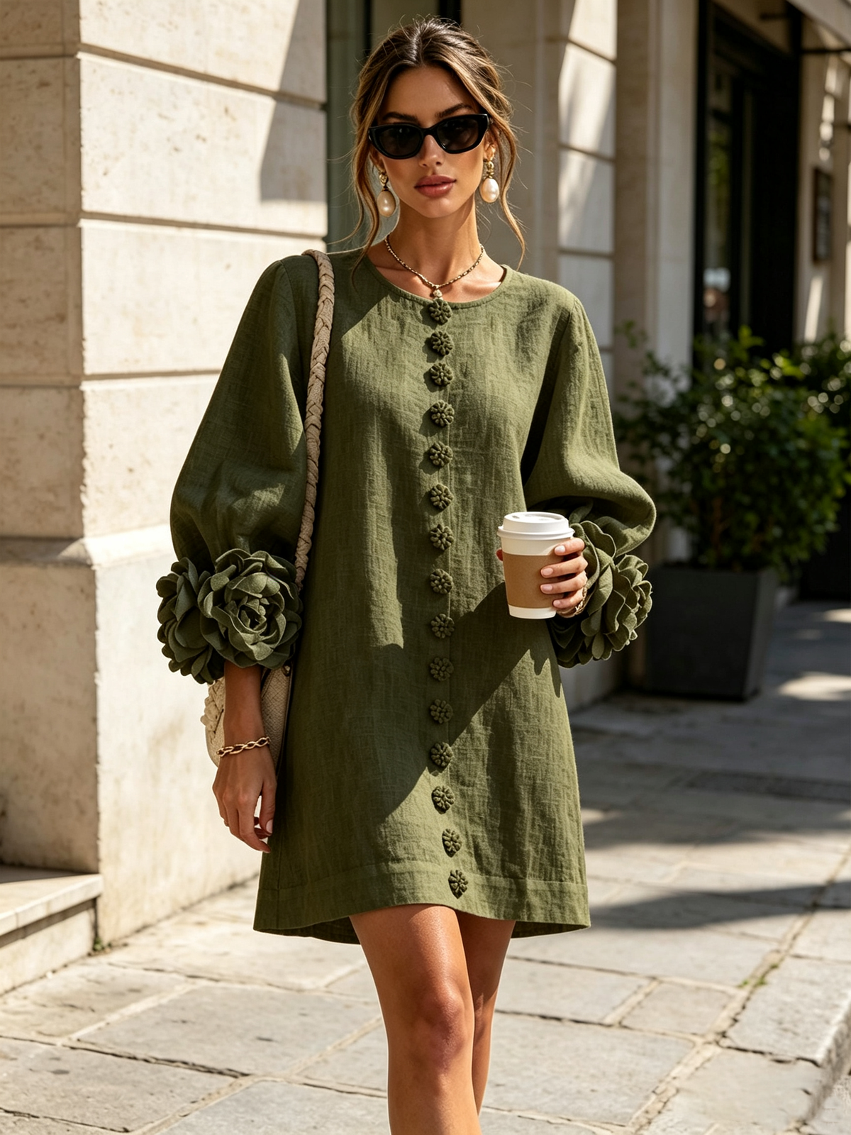 Floral Applique Puff Sleeve Button Front Linen Mini Dress 10