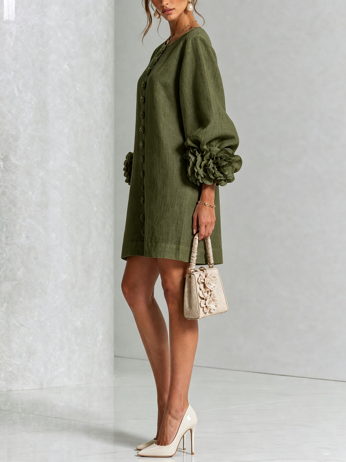Tweed Button Front 3D Floral Balloon Sleeve Mini Dress 10