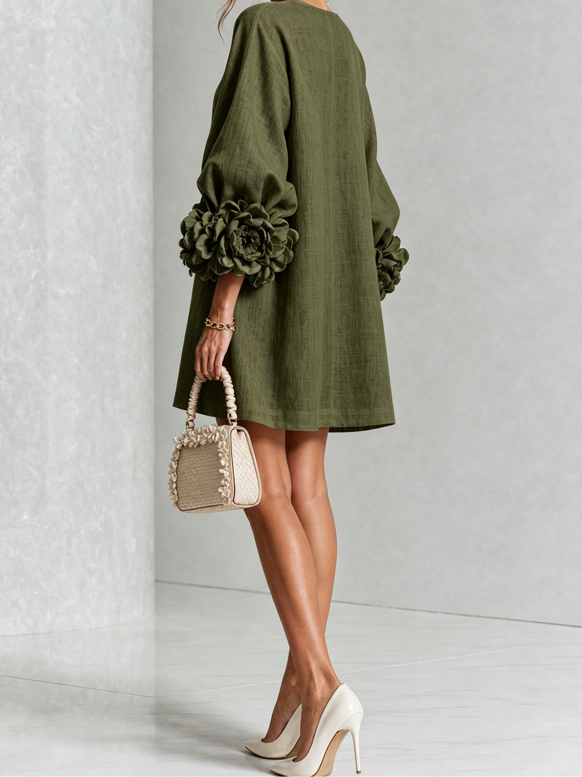 Round Neck Floral Applique Sleeve Button Front Linen Look Mini Dress 9