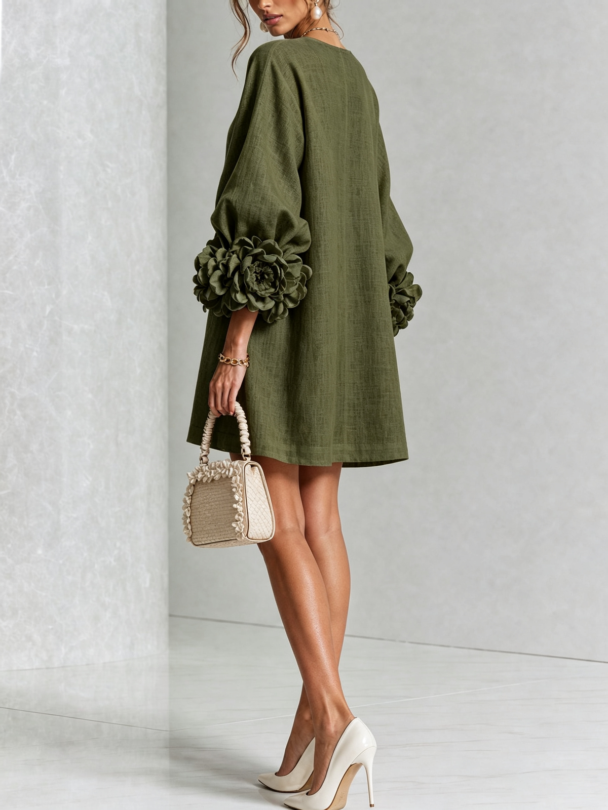 Tweed Button Front 3D Floral Balloon Sleeve Mini Dress 11