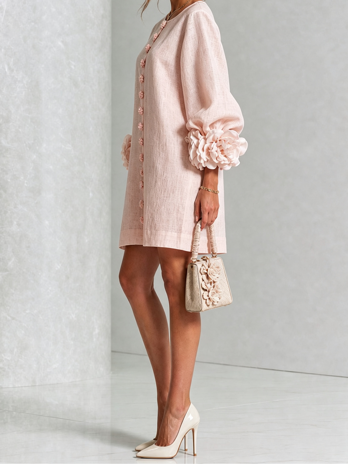 Round Neck Floral Applique Sleeve Button Front Linen Look Mini Dress 20