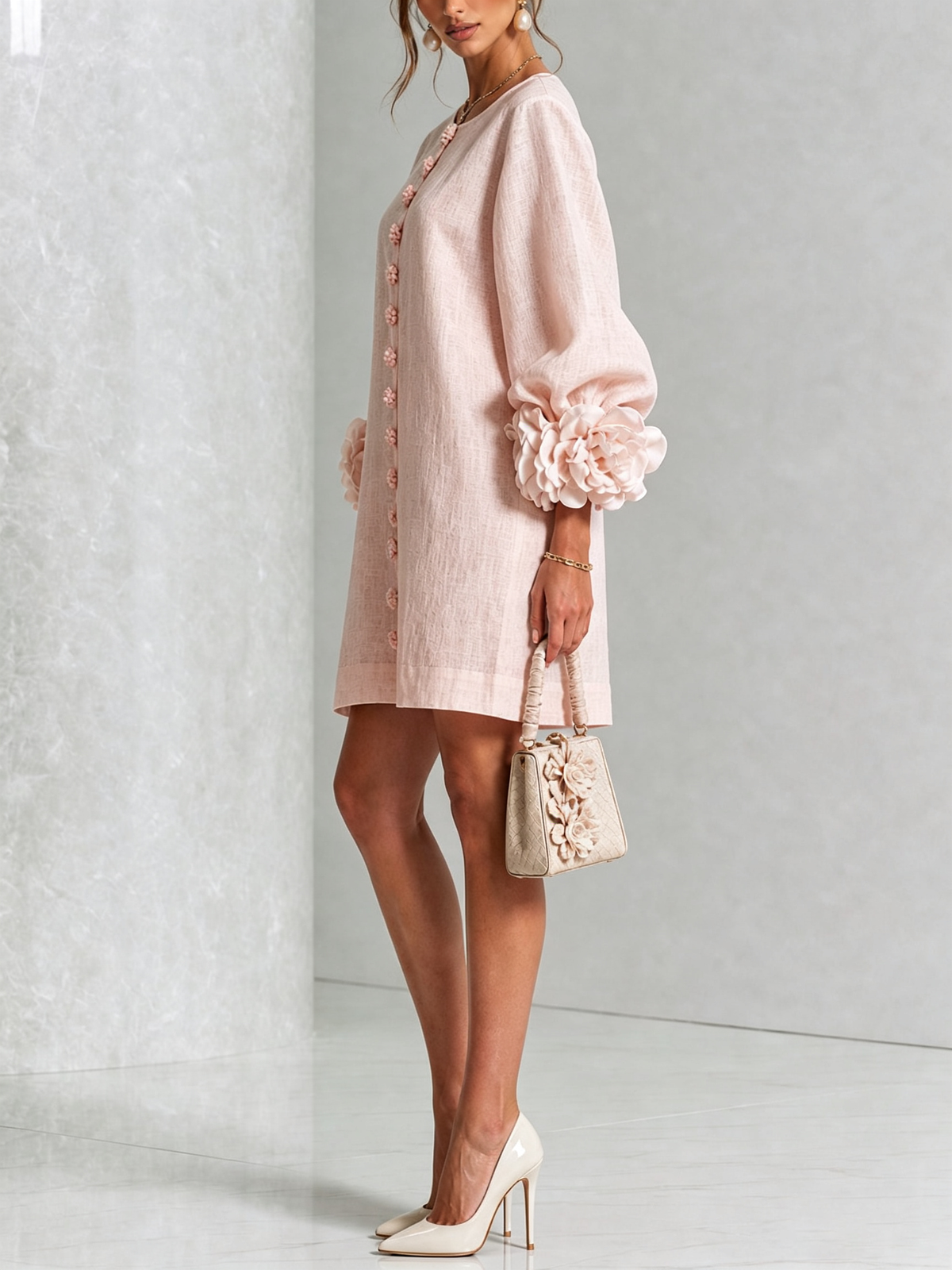 Floral Applique Puff Sleeve Button Front Linen Mini Dress 20