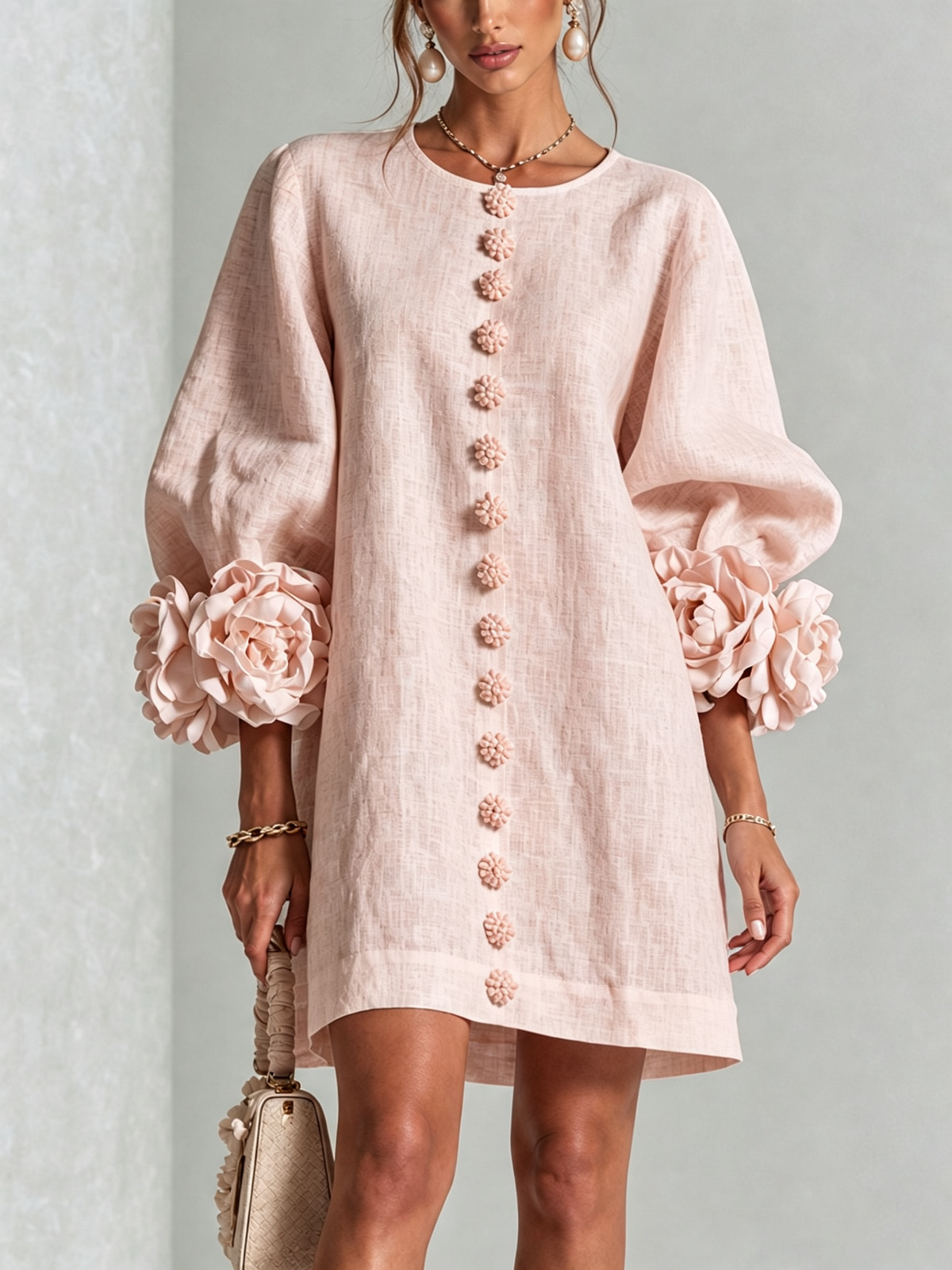 Floral Applique Puff Sleeve Button Front Linen Mini Dress 19