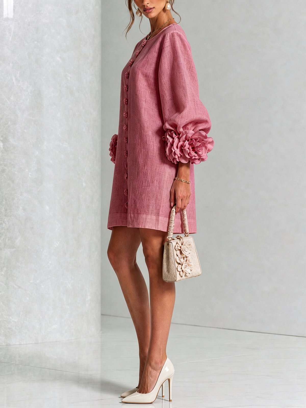 Tweed Button Front 3D Floral Balloon Sleeve Mini Dress 46