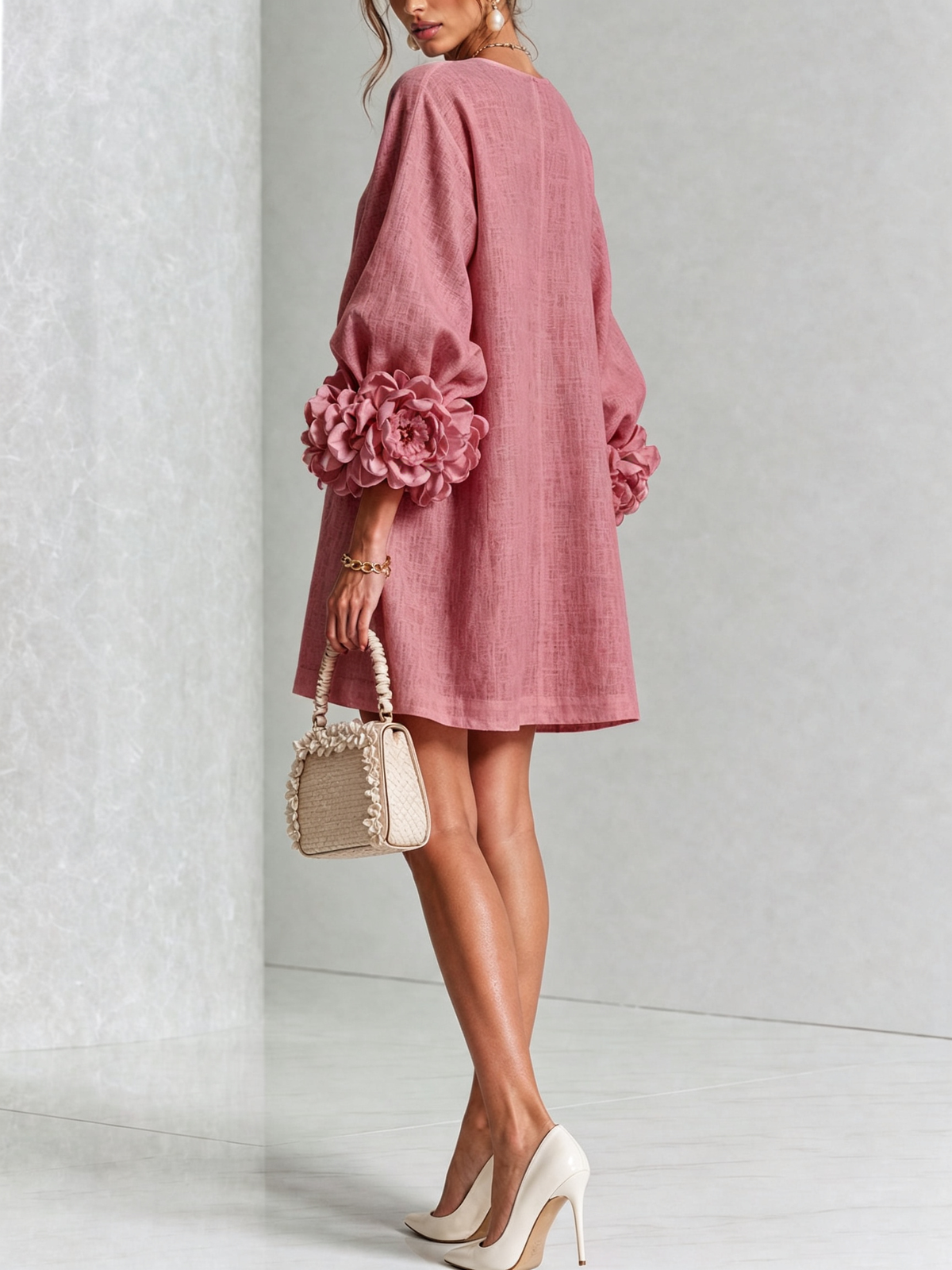 Tweed Button Front 3D Floral Balloon Sleeve Mini Dress 47