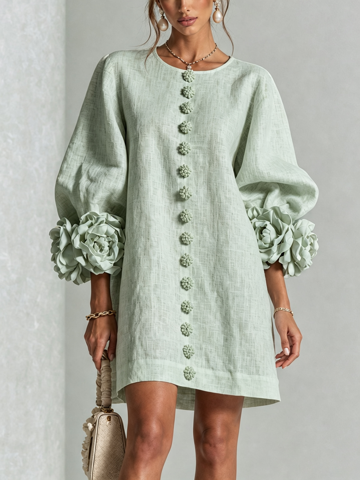 Floral Applique Puff Sleeve Button Front Linen Mini Dress 31