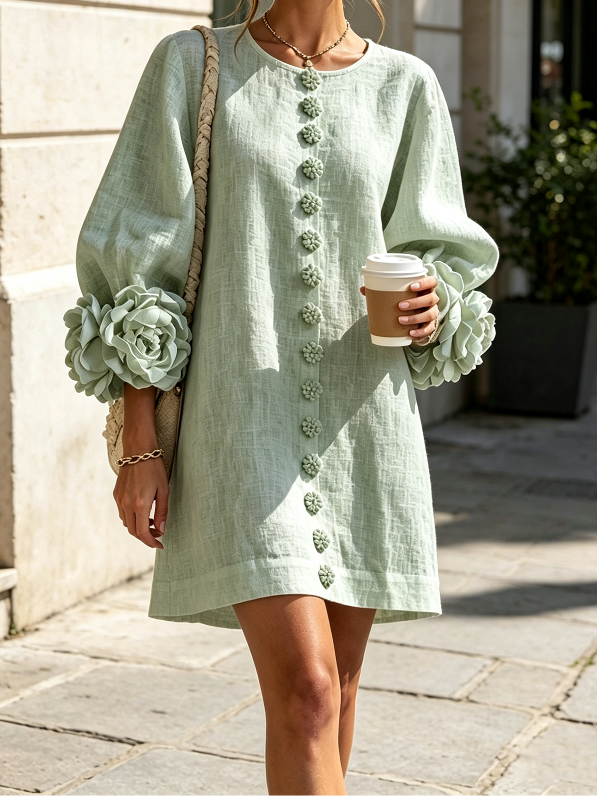 Round Neck Floral Applique Sleeve Button Front Linen Look Mini Dress 34