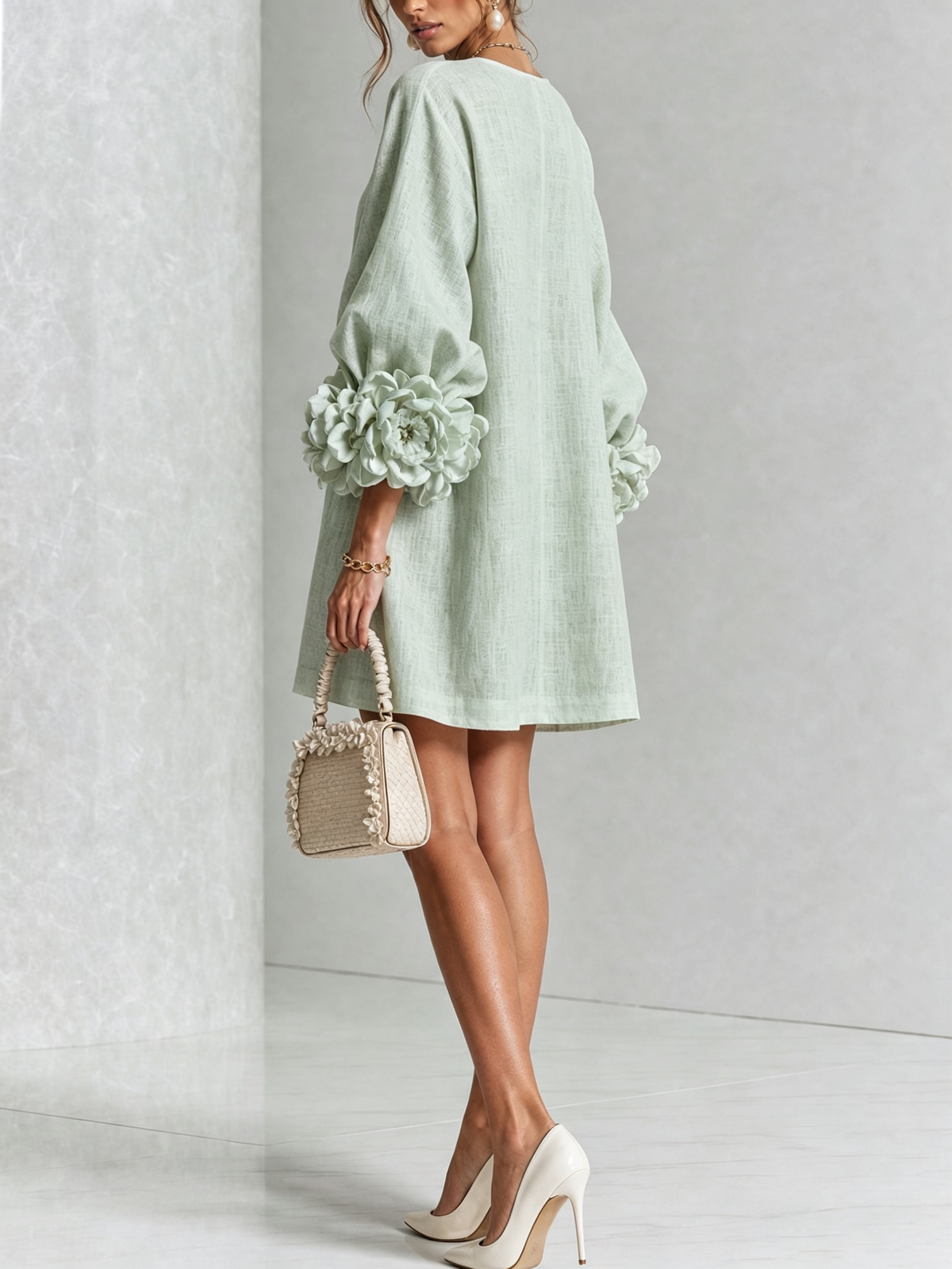 Floral Applique Puff Sleeve Button Front Linen Mini Dress 33
