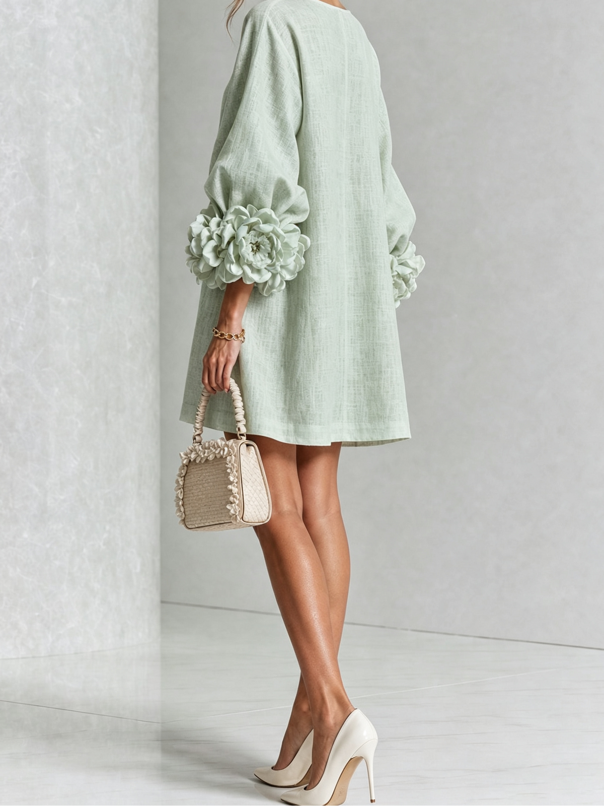 Round Neck Floral Applique Sleeve Button Front Linen Look Mini Dress 33