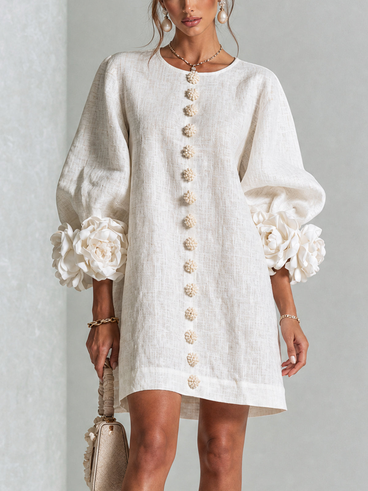 Tweed Button Front 3D Floral Balloon Sleeve Mini Dress 3