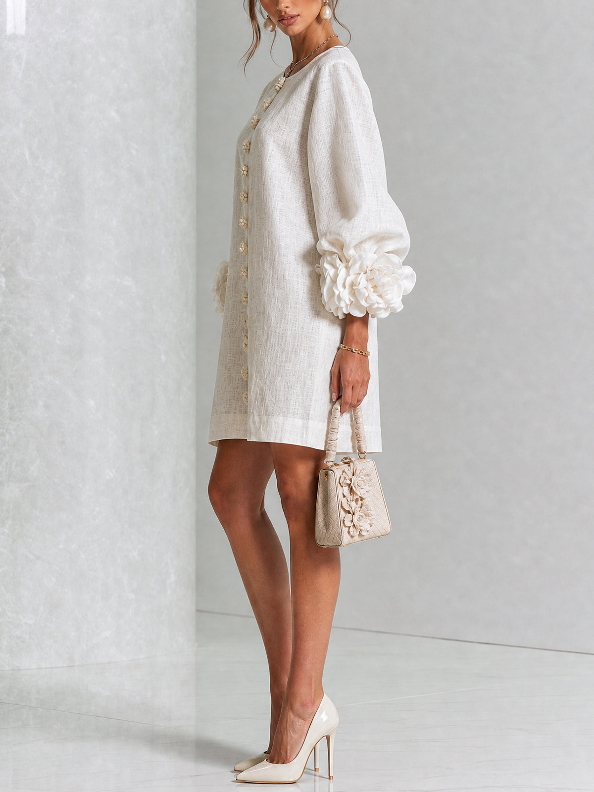 Tweed Button Front 3D Floral Balloon Sleeve Mini Dress 4