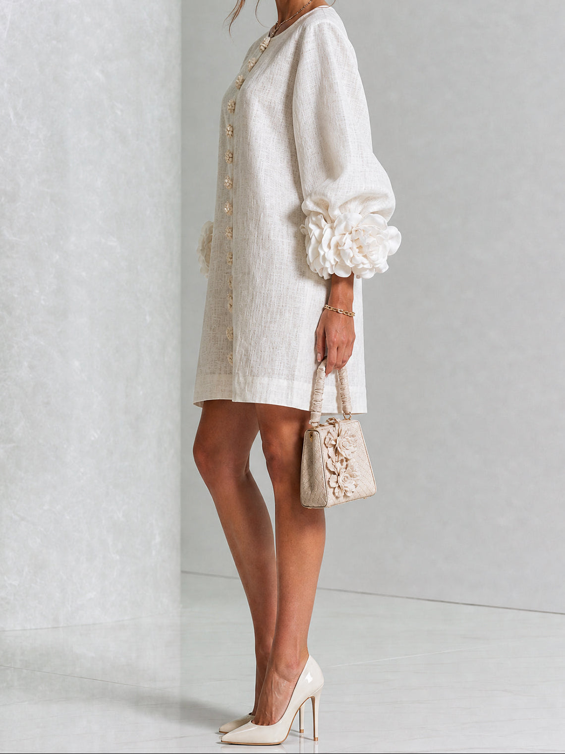 Round Neck Floral Applique Sleeve Button Front Linen Look Mini Dress 2