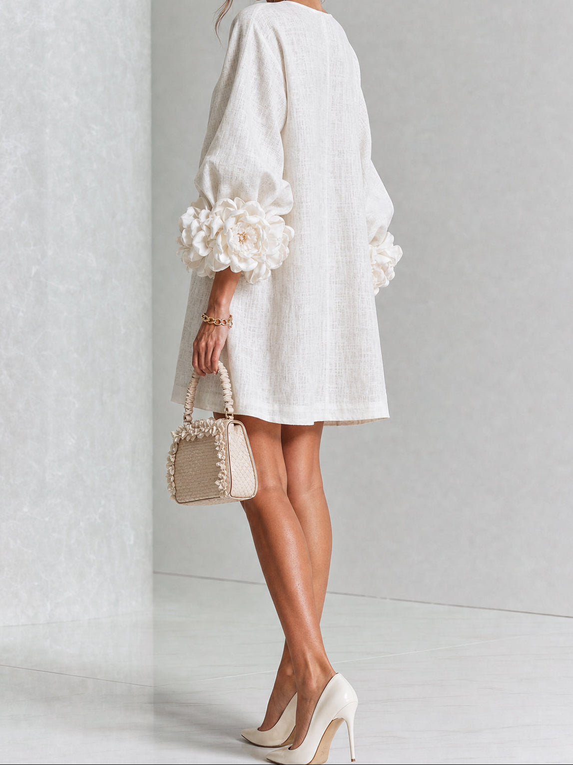 Round Neck Floral Applique Sleeve Button Front Linen Look Mini Dress 3