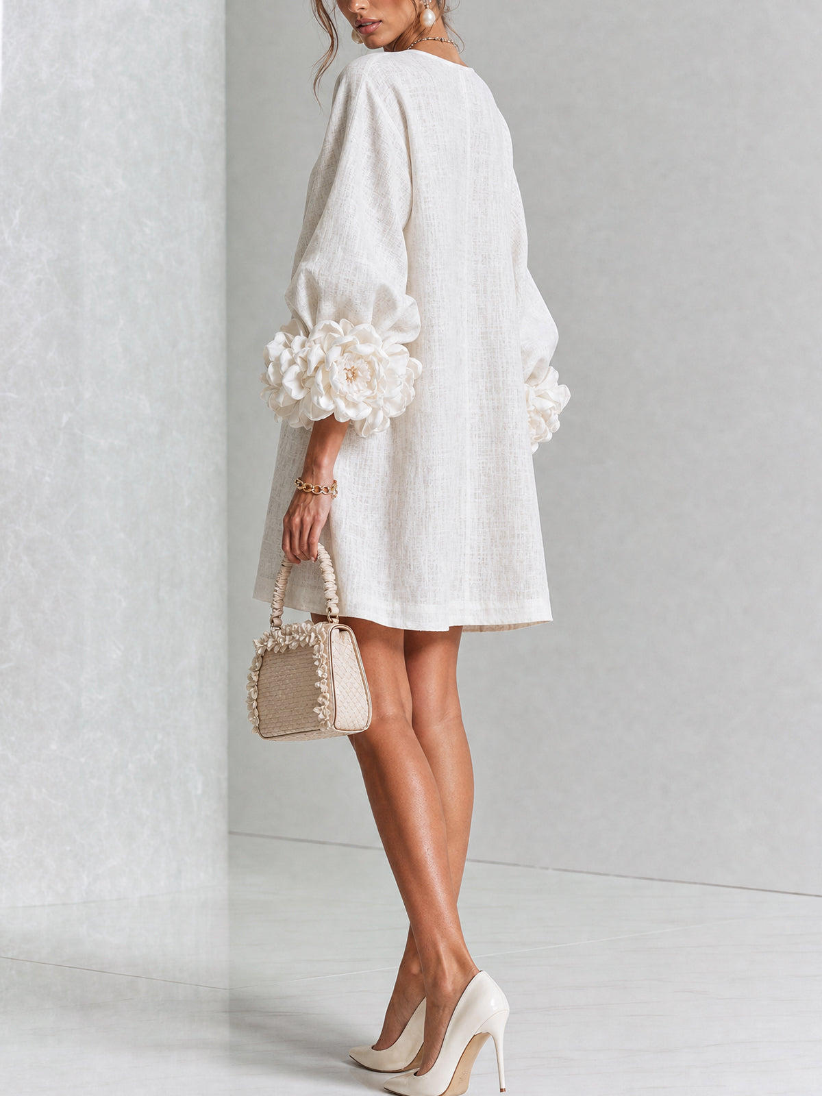 Tweed Button Front 3D Floral Balloon Sleeve Mini Dress 5