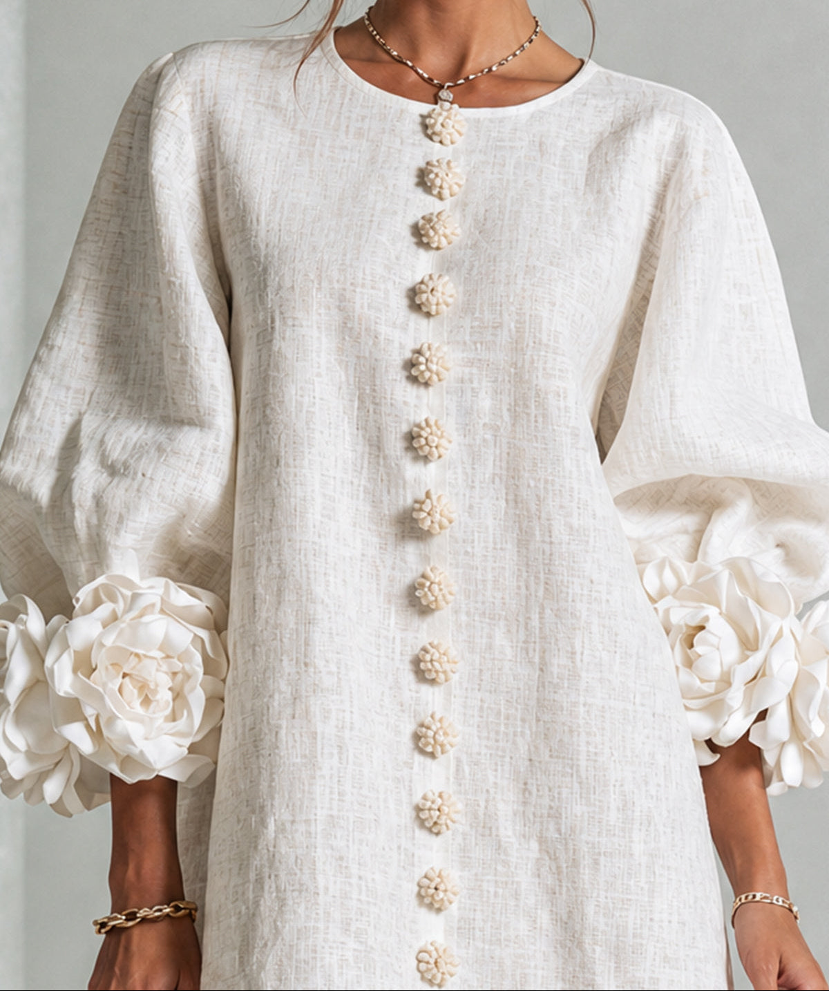 Round Neck Floral Applique Sleeve Button Front Linen Look Mini Dress 5