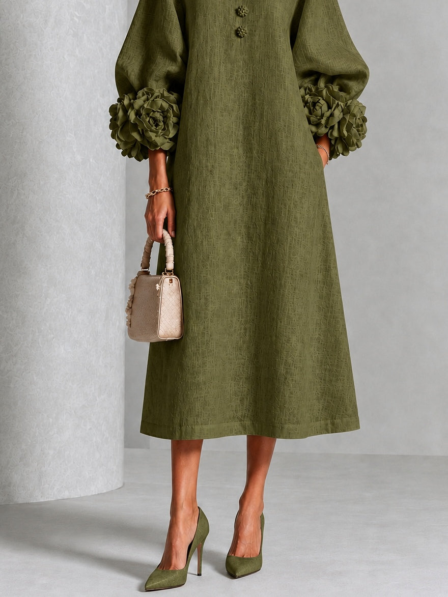 Round Neck Long Sleeve Button Front Floral Cuff Maxi Dress 5