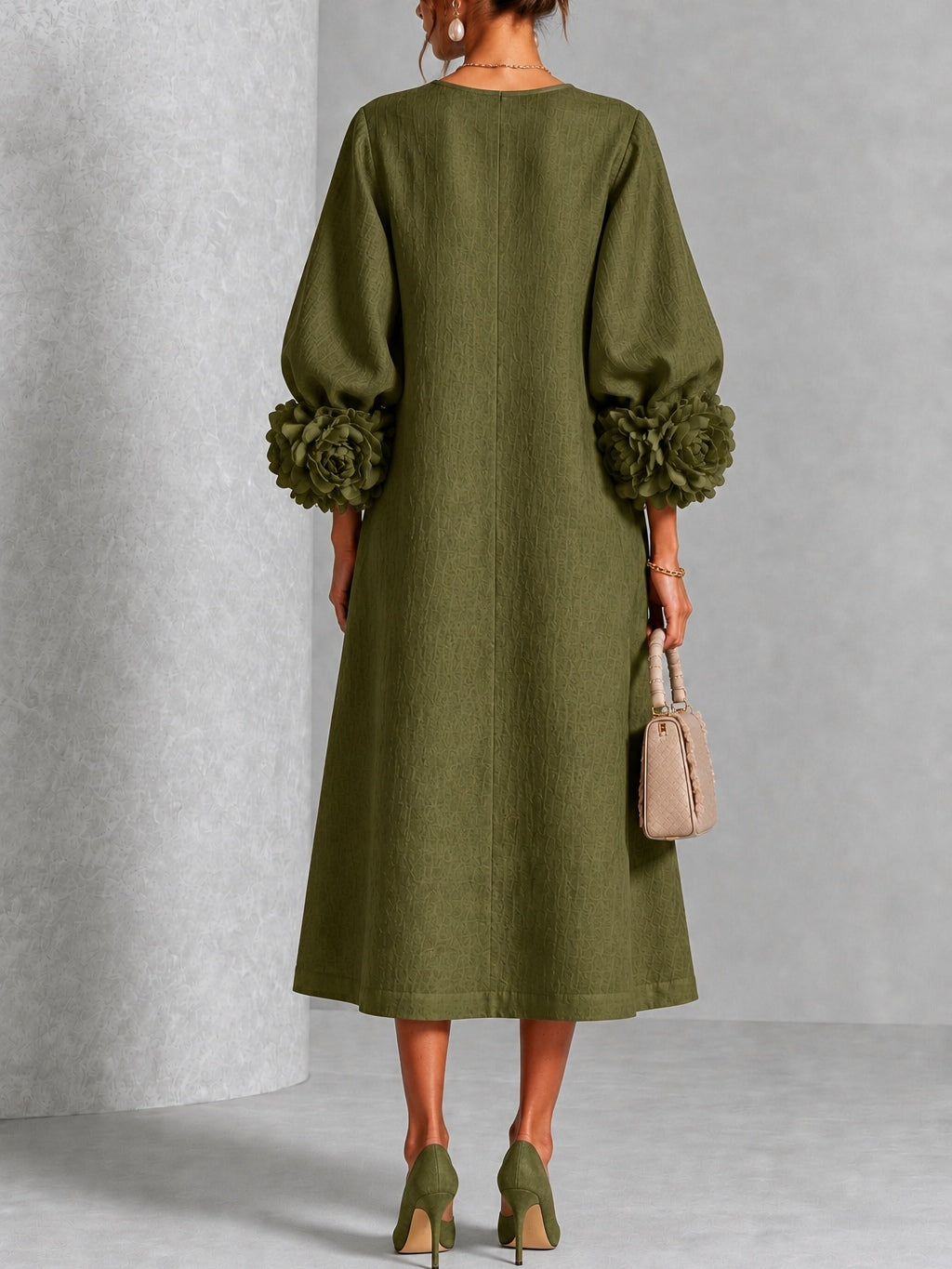 Round Neck Long Sleeve Button Front Floral Cuff Maxi Dress 3