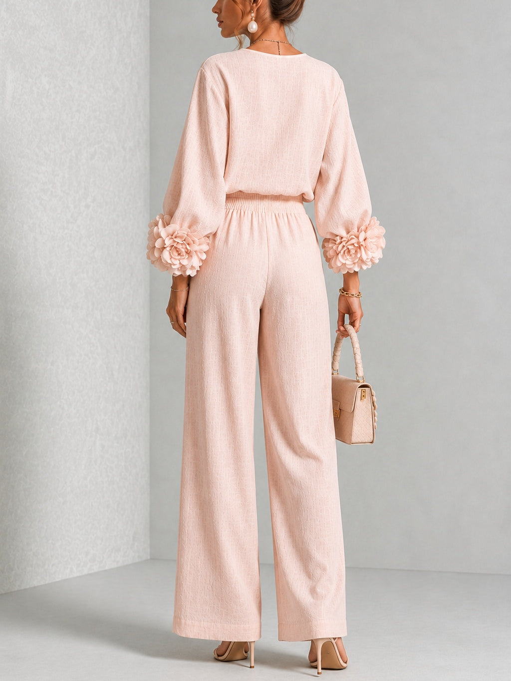 Floral Cuff Long Sleeve Top and Wide Leg Pants Two Piece Set 3