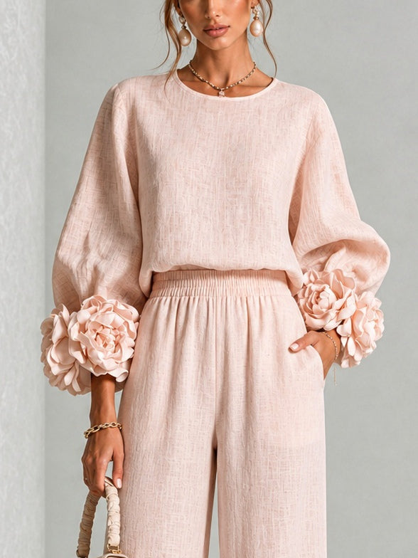 Floral Cuff Long Sleeve Top and Wide Leg Pants Two Piece Set 6