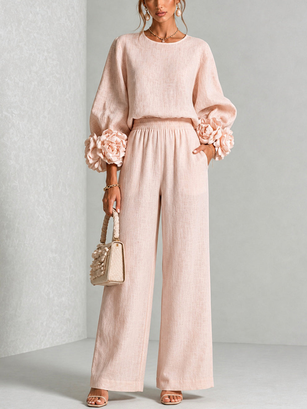 Floral Cuff Long Sleeve Top and Wide Leg Pants Two Piece Set 2