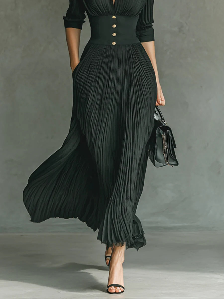 Pleated Collared Deep V-Neck Long Sleeve High Waist Maxi Dress 3