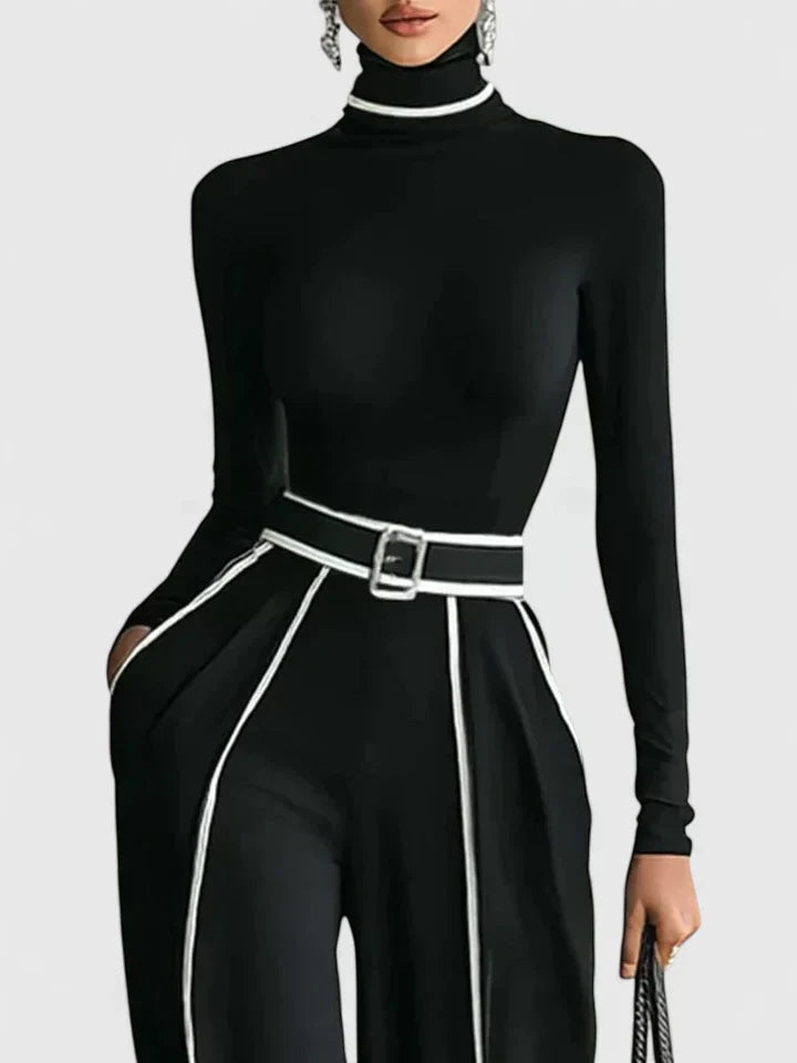 Turtleneck Long Sleeve Contrast Trim Wide Leg Jumpsuit