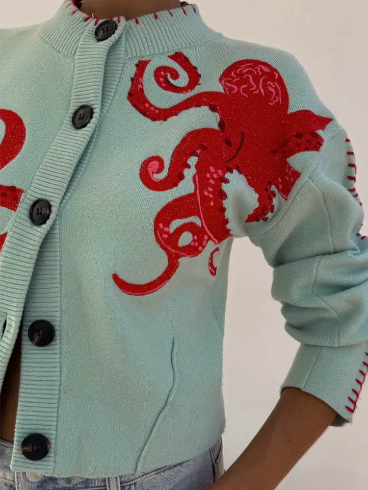 Crew Neck Octopus Embroidered Button Front Knit Cardigan 6
