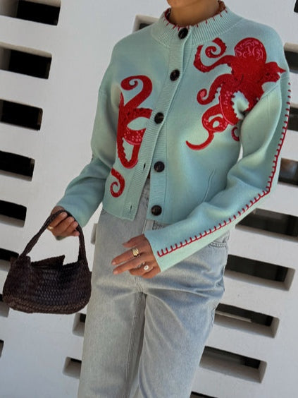 Crew Neck Octopus Embroidered Button Front Knit Cardigan 7