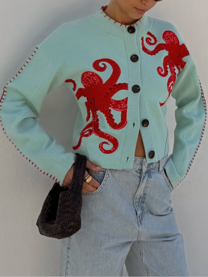 Octopus Embroidered Button Front Knit Cardigan 3