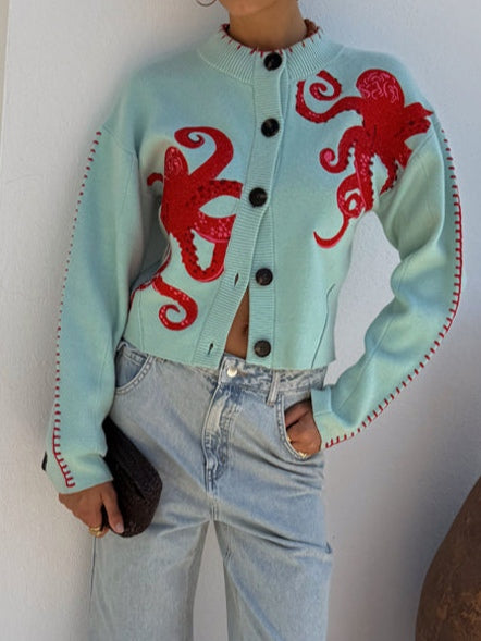 Octopus Embroidered Button Front Knit Cardigan 4