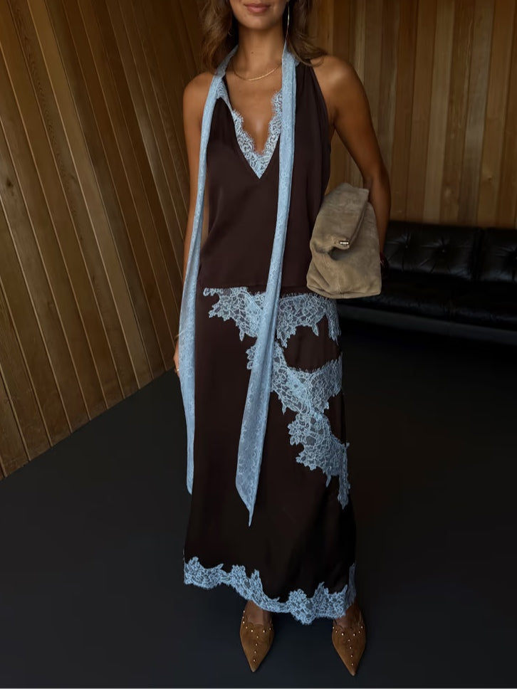 Halter Neck Lace Trim Tie Detail Satin Maxi Dress 5