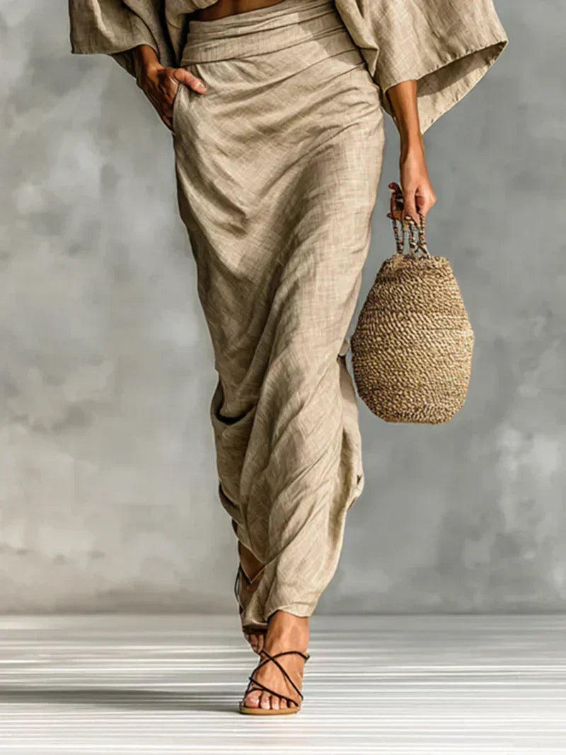 Batwing Sleeve Top and Ruched Maxi Skirt Two Piece Set 3