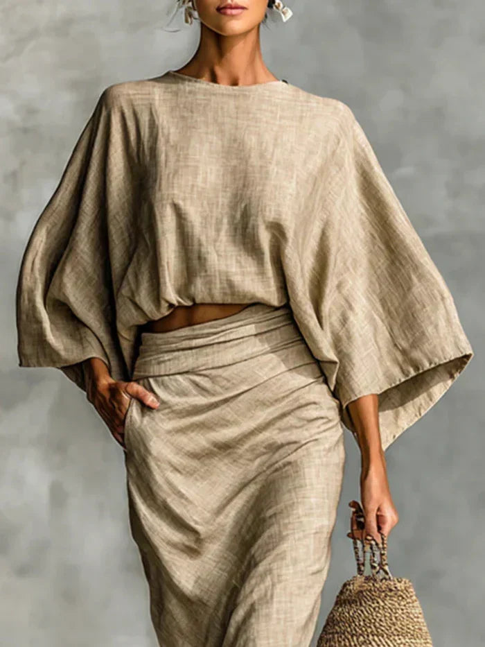 Batwing Sleeve Top and Ruched Maxi Skirt Two Piece Set 2