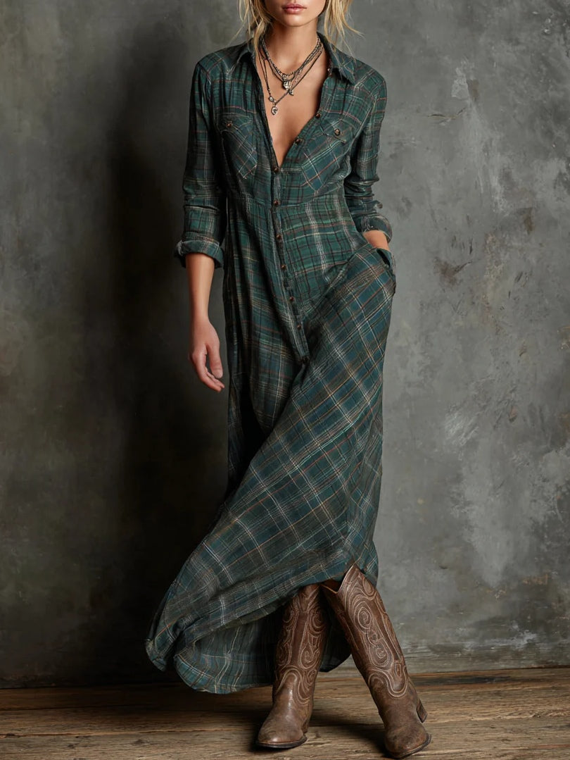 Plaid Collared Long Sleeve Button Front Maxi Shirt Dress