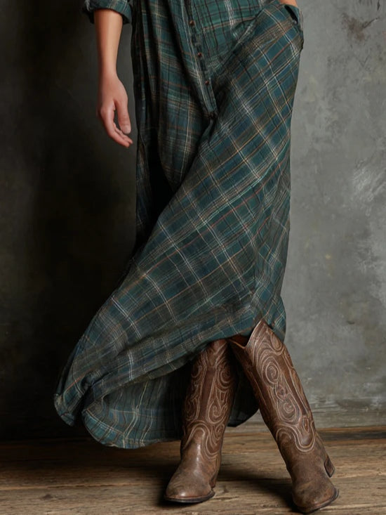 Plaid Button Front Collared Long Sleeve Shirt Maxi Dress 3