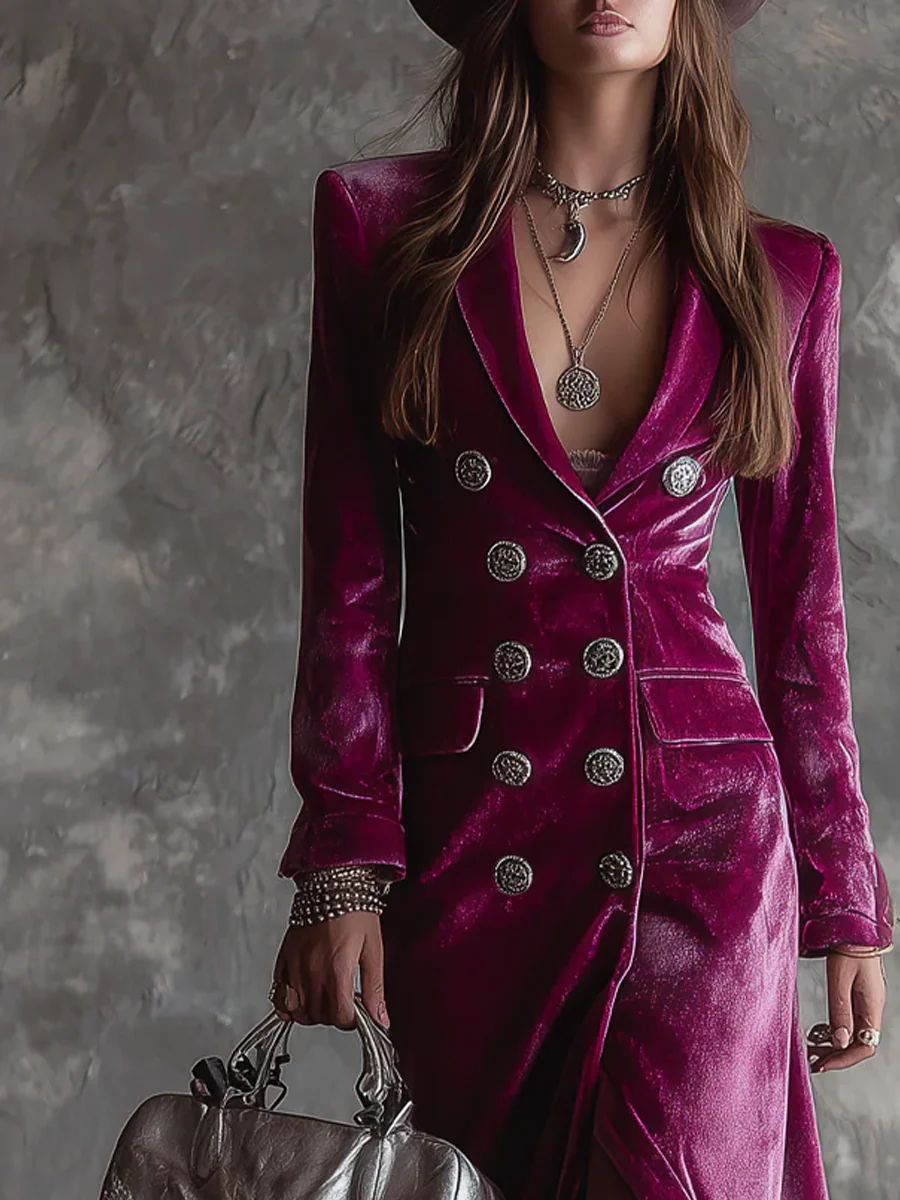 Velvet Deep V-Neck Double Breasted Long Sleeve High Split Maxi Dress 2