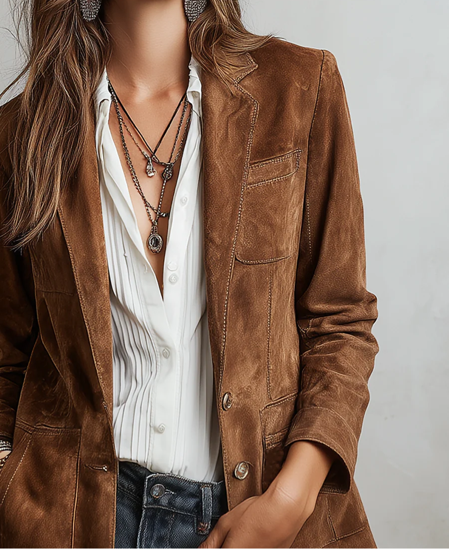 Notch Lapel Suede Look Button Front Blazer 4