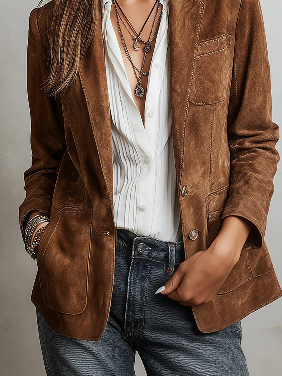 Notch Lapel Suede Look Button Front Blazer 5