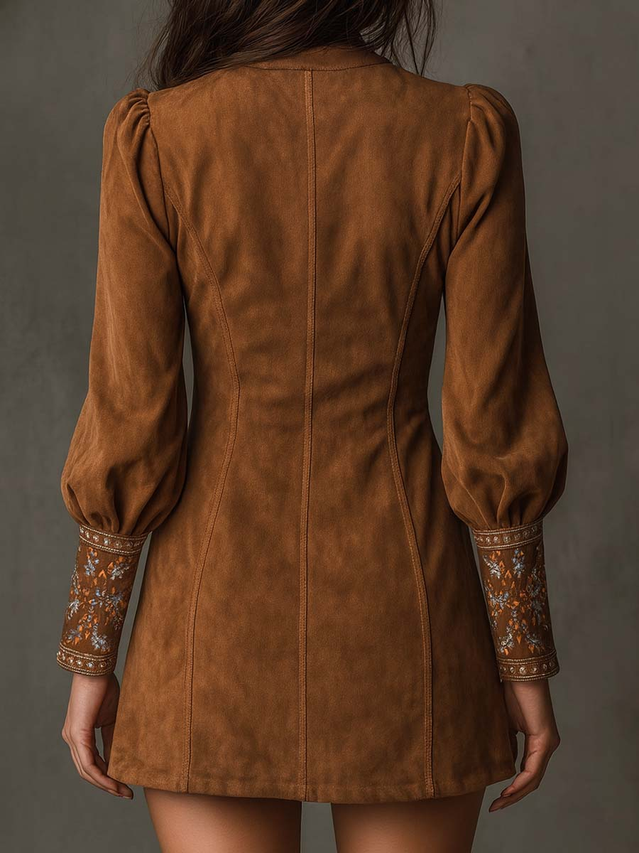 Suede Look Embroidered Deep V-Neck Long Sleeve Mini Dress 2