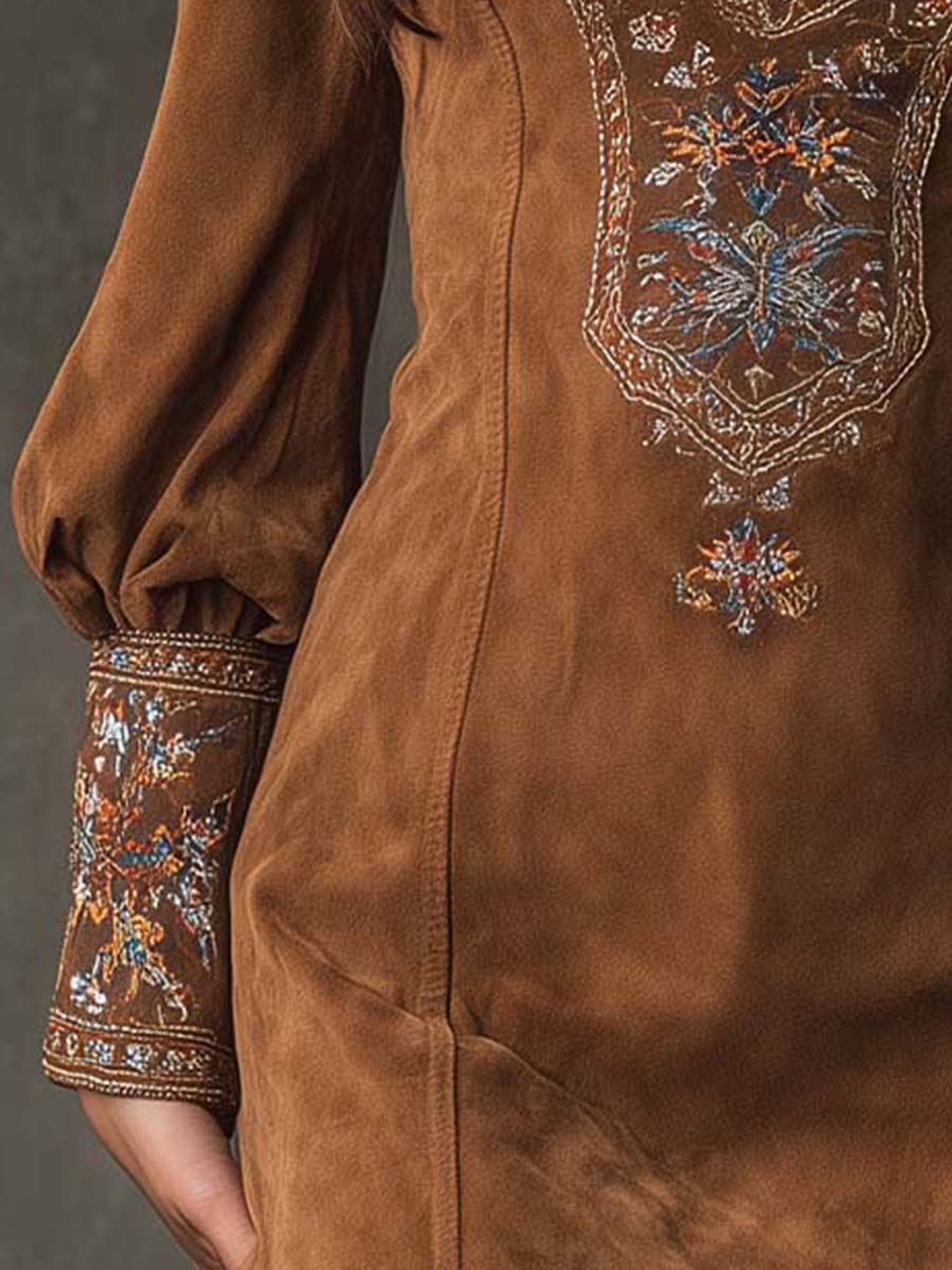 Suede Look Embroidered Deep V-Neck Long Sleeve Mini Dress 5