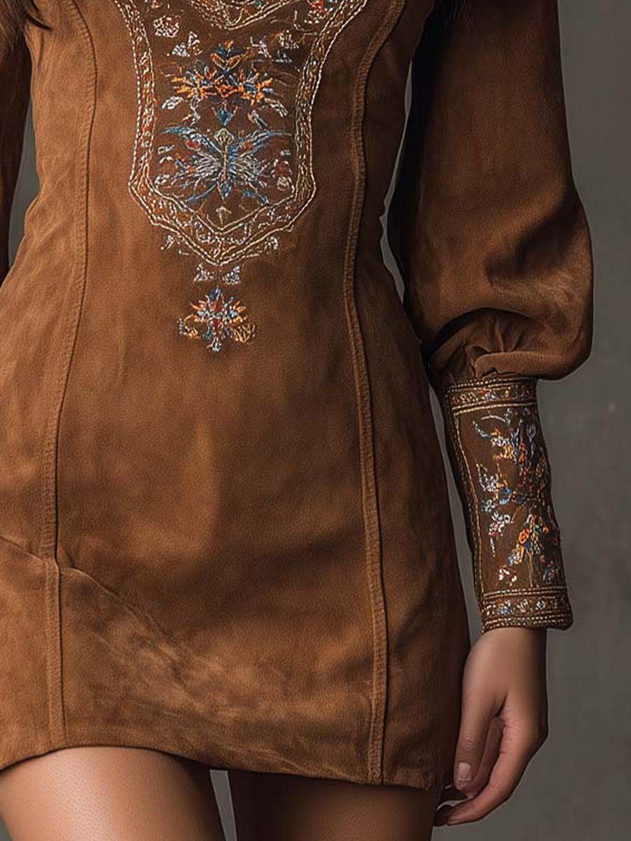 Suede Look Embroidered Deep V-Neck Long Sleeve Mini Dress 6