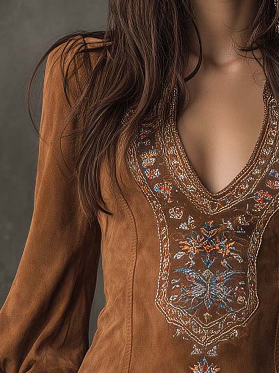 Suede Look Embroidered Deep V-Neck Long Sleeve Mini Dress 3