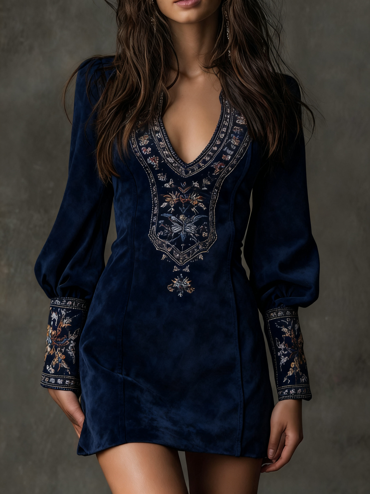 Suede Look Embroidered Deep V-Neck Long Sleeve Mini Dress 7