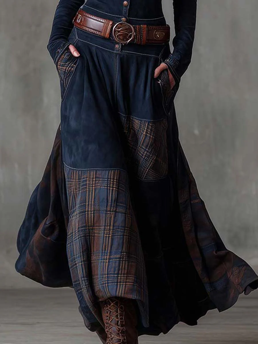 Button Front Plaid Panel Belted Maxi Dress 5