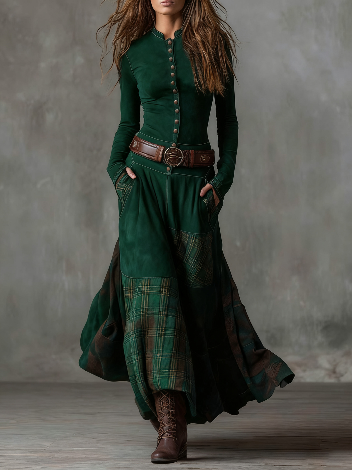 Button Front Plaid Panel Belted Maxi Dress 8