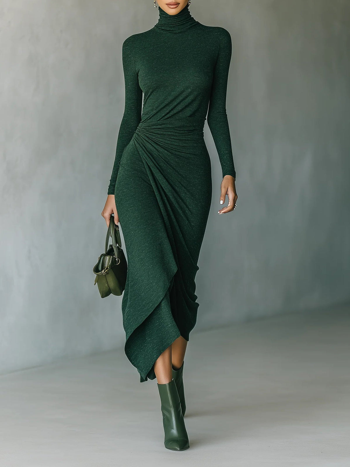 Turtleneck Long Sleeve Ruched Bodycon Midi Dress