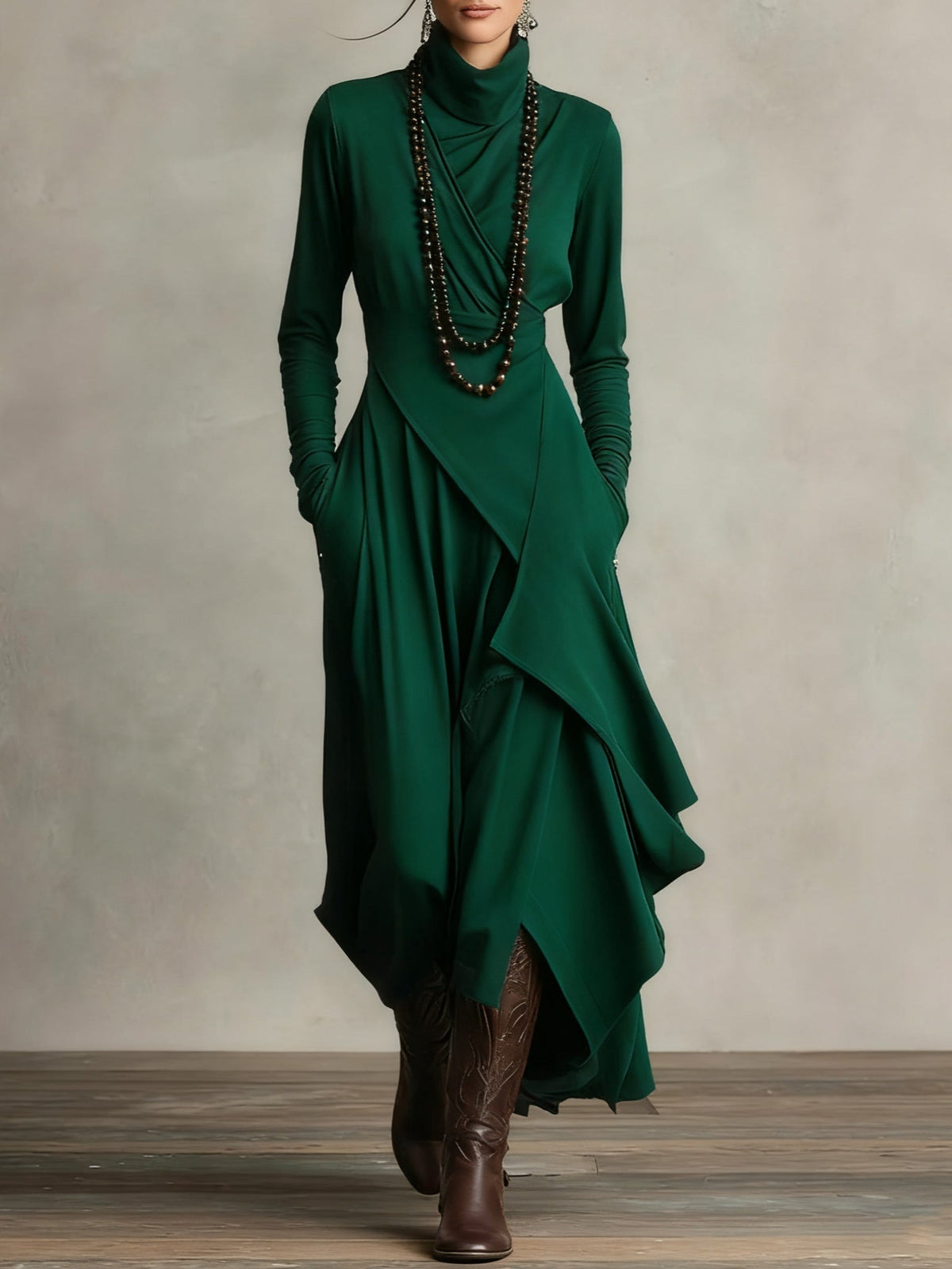 Turtleneck Long Sleeve Draped Asymmetric Maxi Dress 8