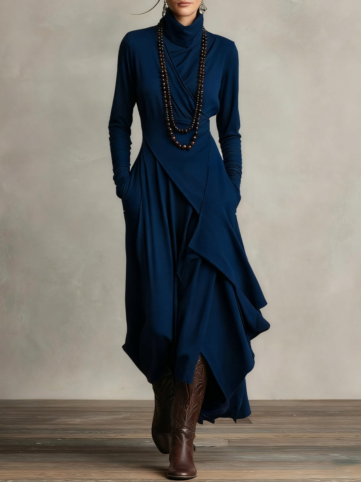 Turtleneck Long Sleeve Draped Asymmetric Maxi Dress 7
