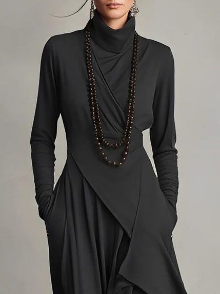 Turtleneck Long Sleeve Draped Asymmetric Maxi Dress 5